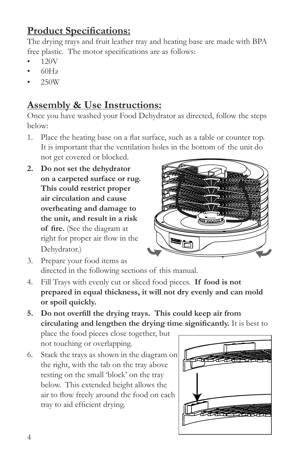Product specifications, Assembly & use instructions | Victorio VKP1006 Food Dehydrator User Manual | Page 6 / 20