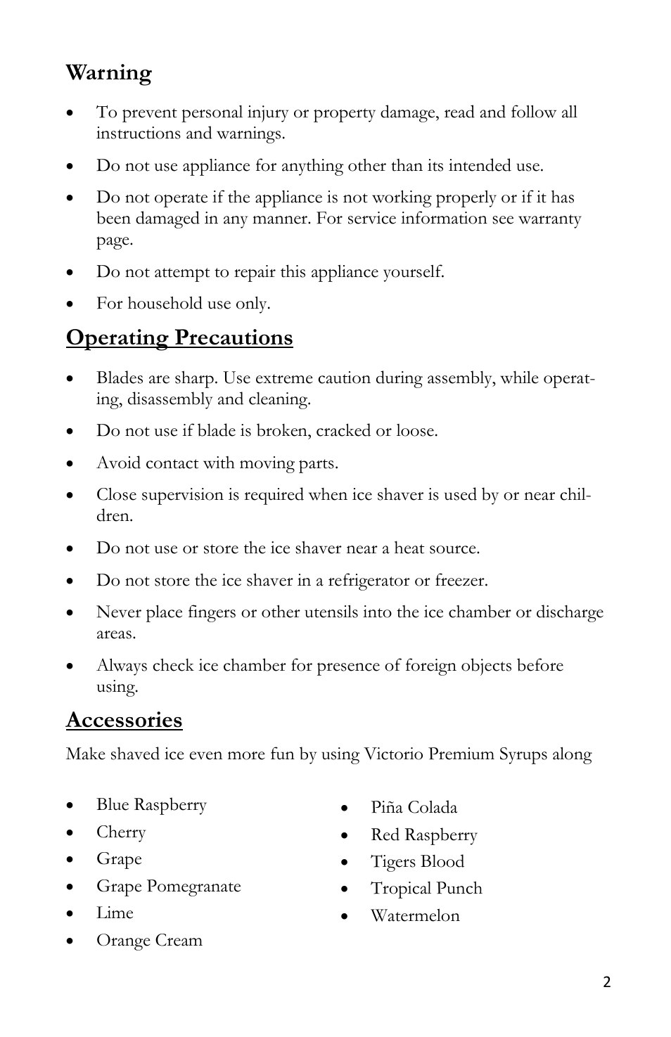 Warning, Operating precautions, Accessories | Victorio VKP1101 Hand Crank Ice Shaver User Manual | Page 3 / 8