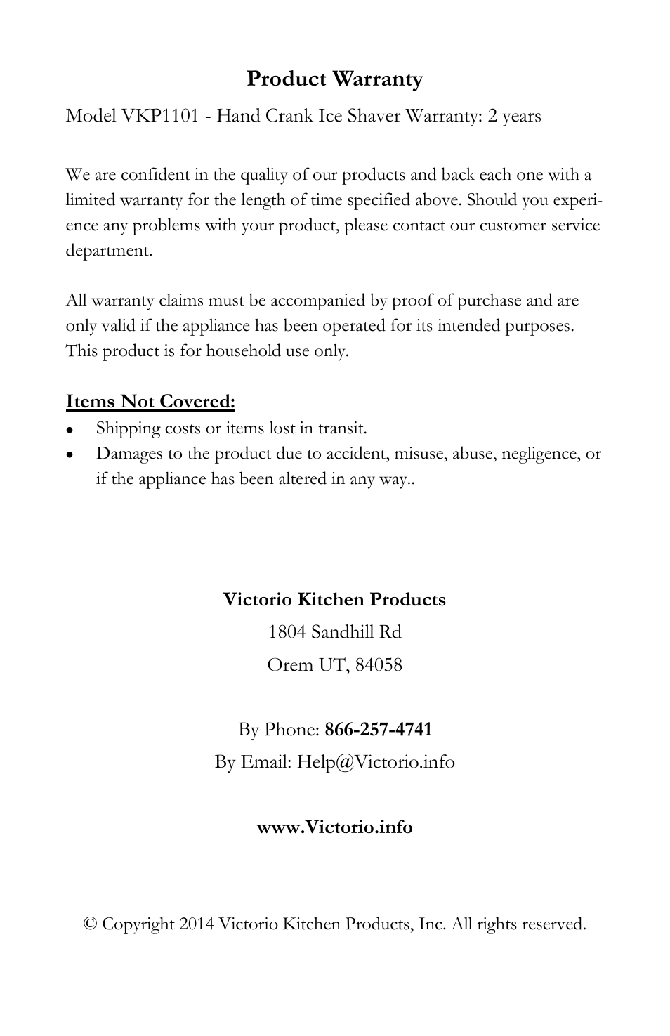Product warranty | Victorio VKP1101 Hand Crank Ice Shaver User Manual | Page 8 / 8