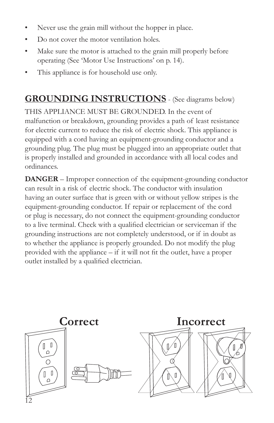 Correct incorrect, Grounding instructions | Victorio VKP1024A Deluxe Grain Mill User Manual | Page 14 / 20