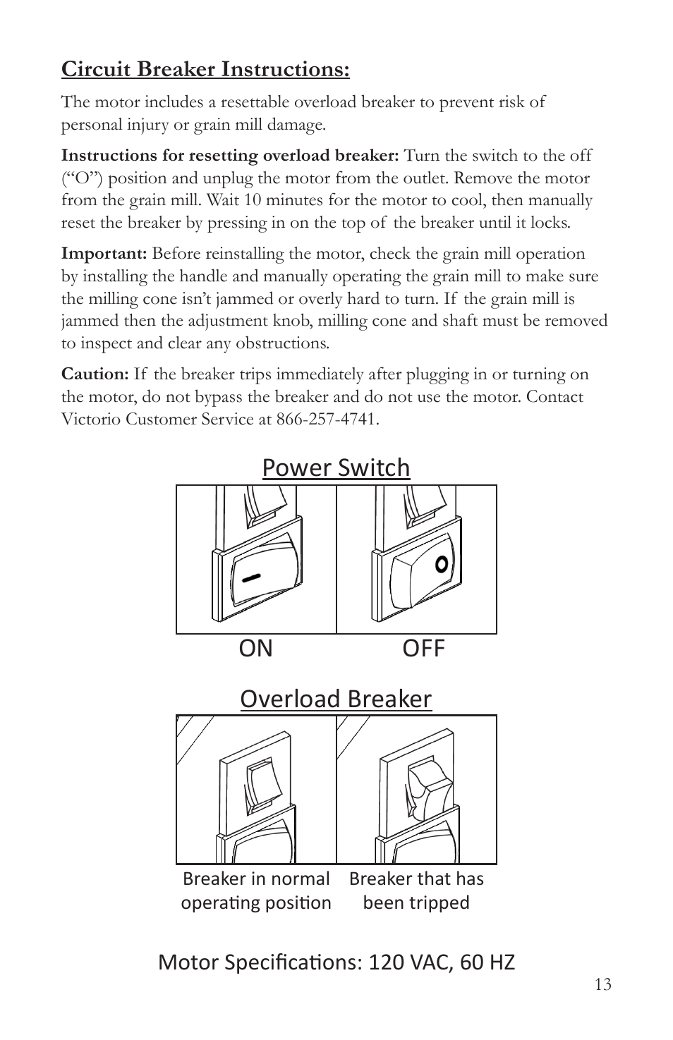 Power switch overload breaker on off, Circuit breaker instructions | Victorio VKP1024A Deluxe Grain Mill User Manual | Page 15 / 20