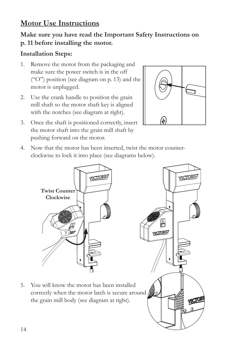 Motor use instructions | Victorio VKP1024A Deluxe Grain Mill User Manual | Page 16 / 20