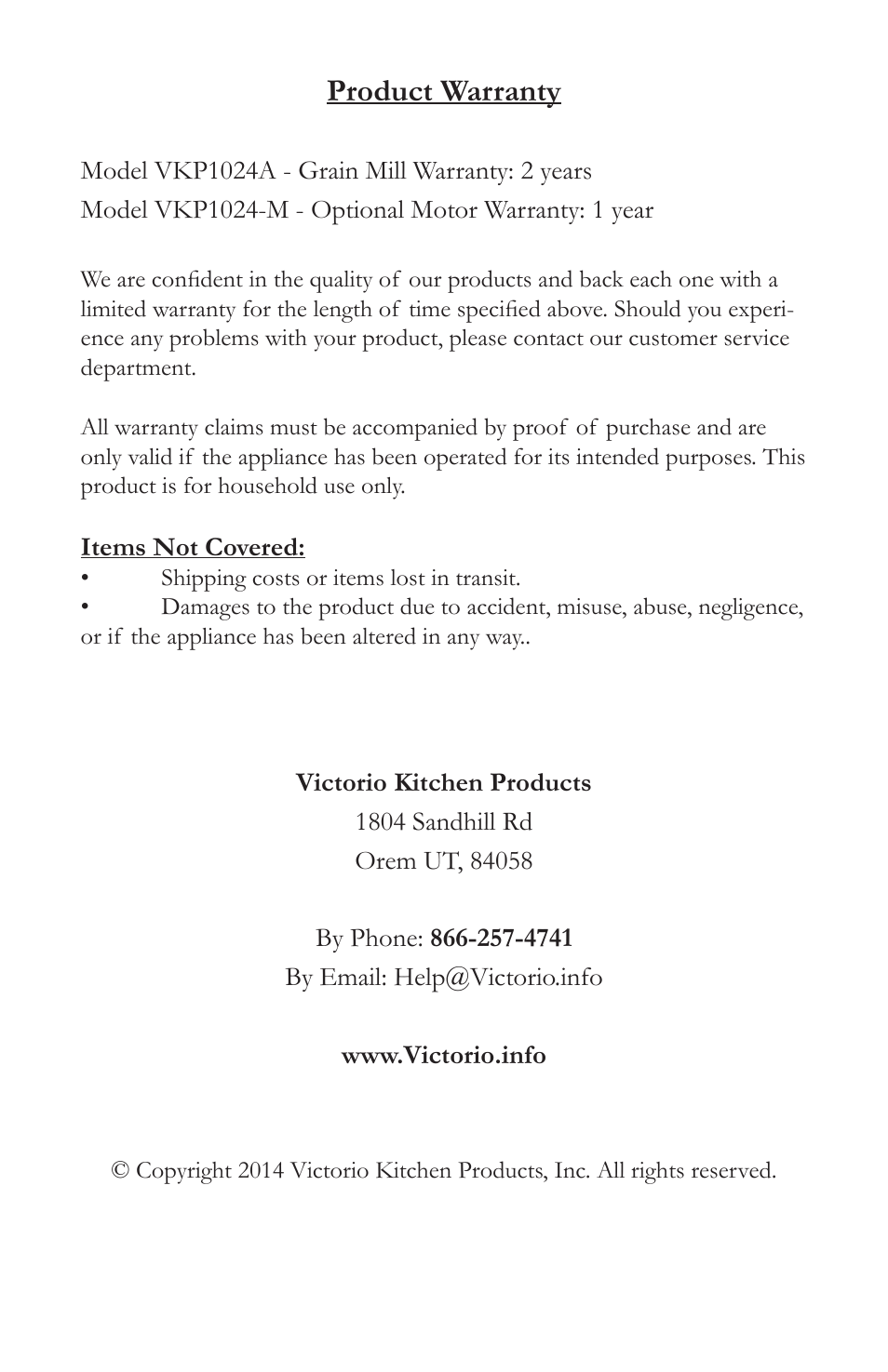 Product warranty | Victorio VKP1024A Deluxe Grain Mill User Manual | Page 20 / 20