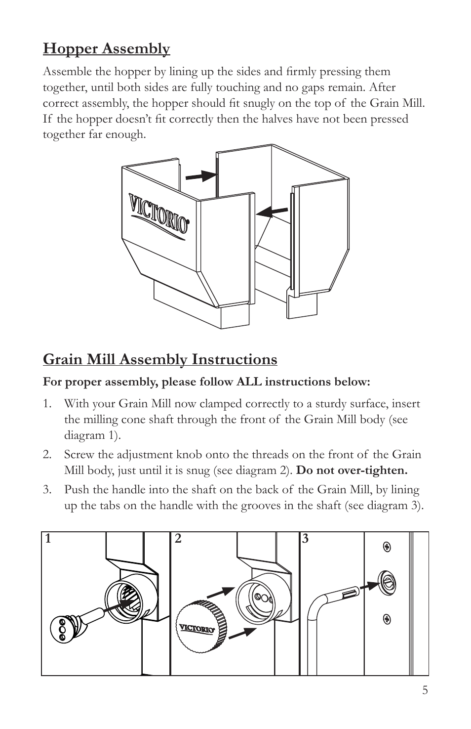 Hopper assembly, Grain mill assembly instructions | Victorio VKP1024A Deluxe Grain Mill User Manual | Page 7 / 20