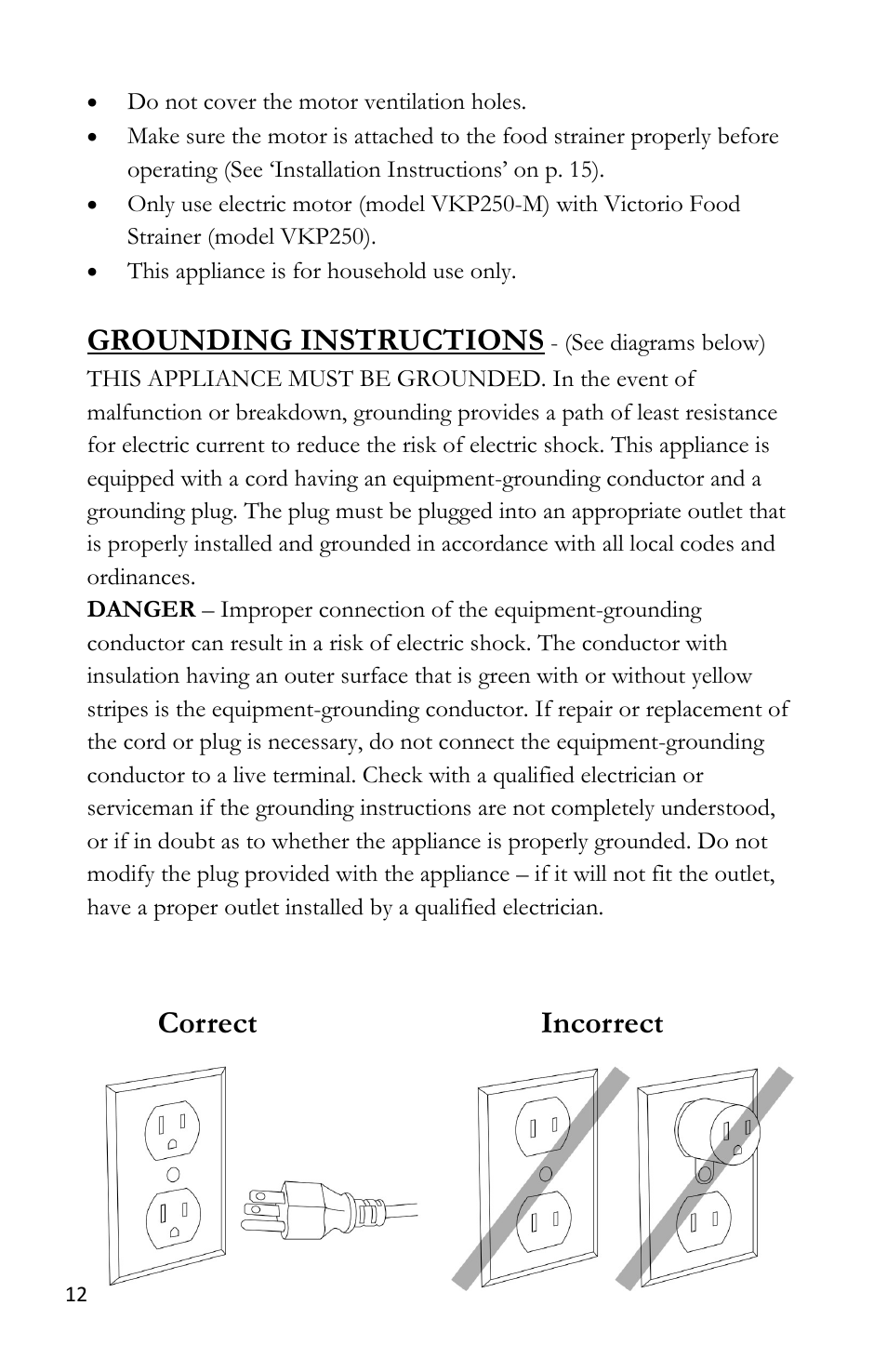 Correct incorrect, Grounding instructions | Victorio VKP250 Food Strainer User Manual | Page 14 / 20