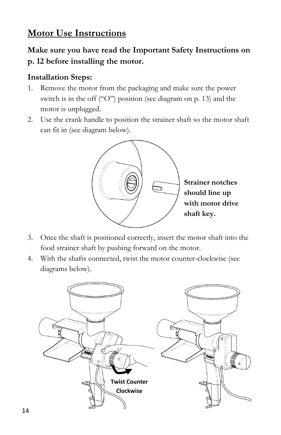 Motor use instructions | Victorio VKP250 Food Strainer User Manual | Page 16 / 20