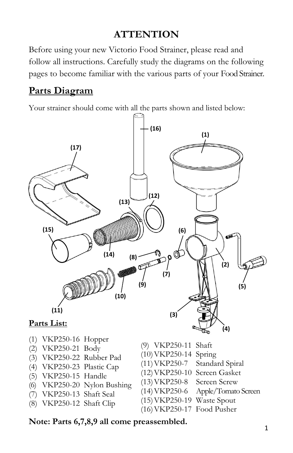 Attention, Parts diagram, Parts list | Victorio VKP250 Food Strainer User Manual | Page 3 / 20