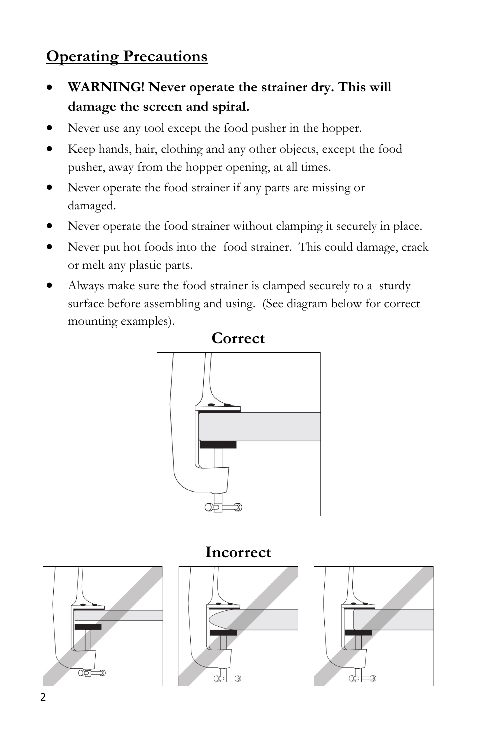 Operating precautions, Correct, Incorrect | Victorio VKP250 Food Strainer User Manual | Page 4 / 20