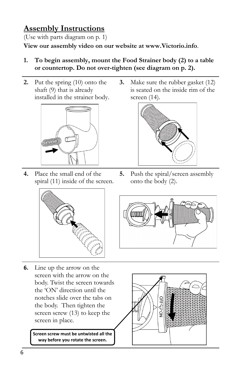 Assembly instructions | Victorio VKP250 Food Strainer User Manual | Page 8 / 20