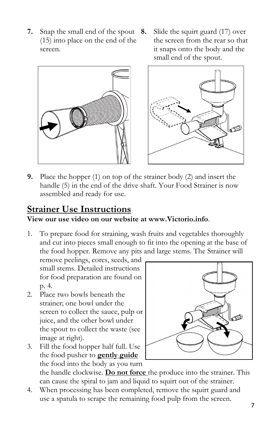 Strainer use instructions | Victorio VKP250 Food Strainer User Manual | Page 9 / 20
