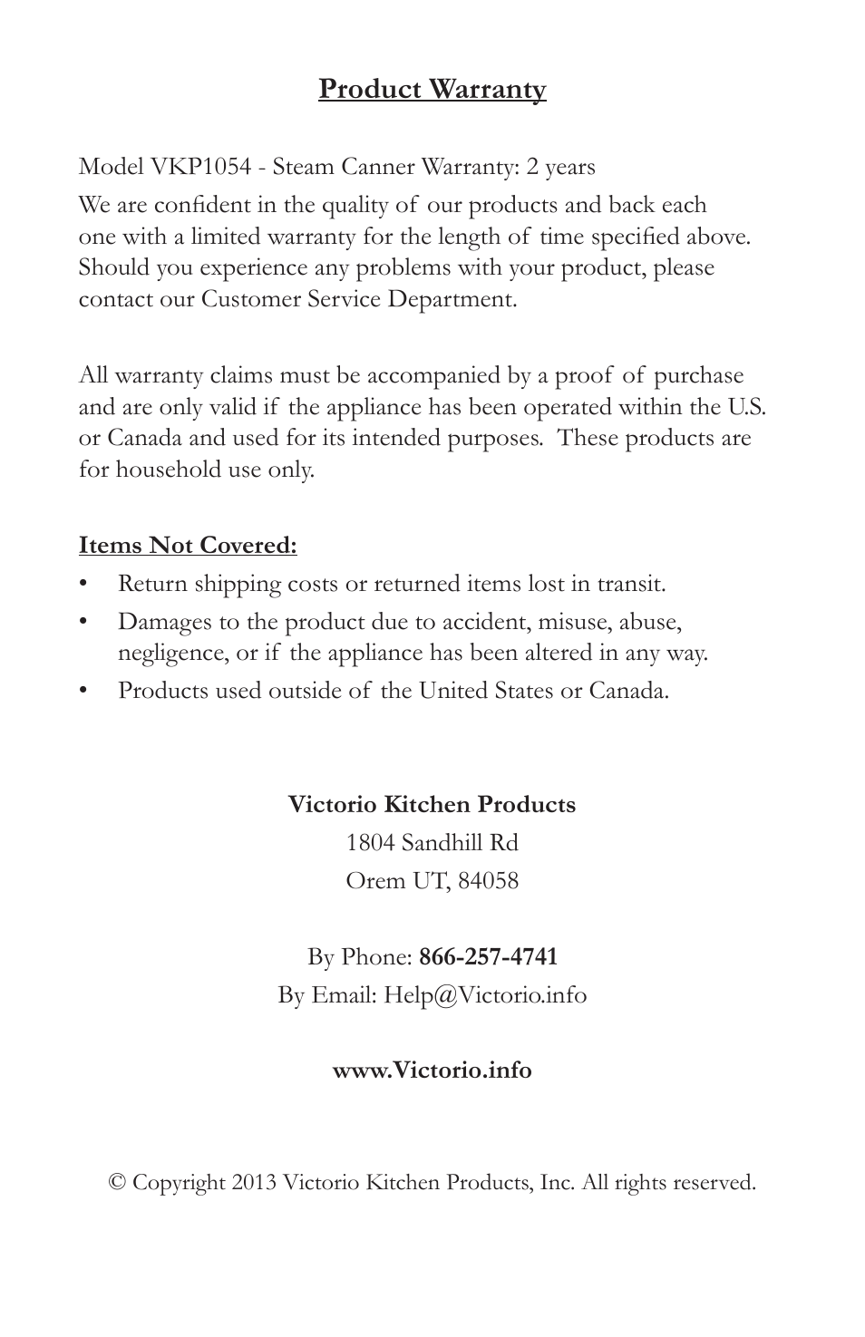 Product warranty | Victorio VKP1054 Steam Canner User Manual | Page 16 / 16