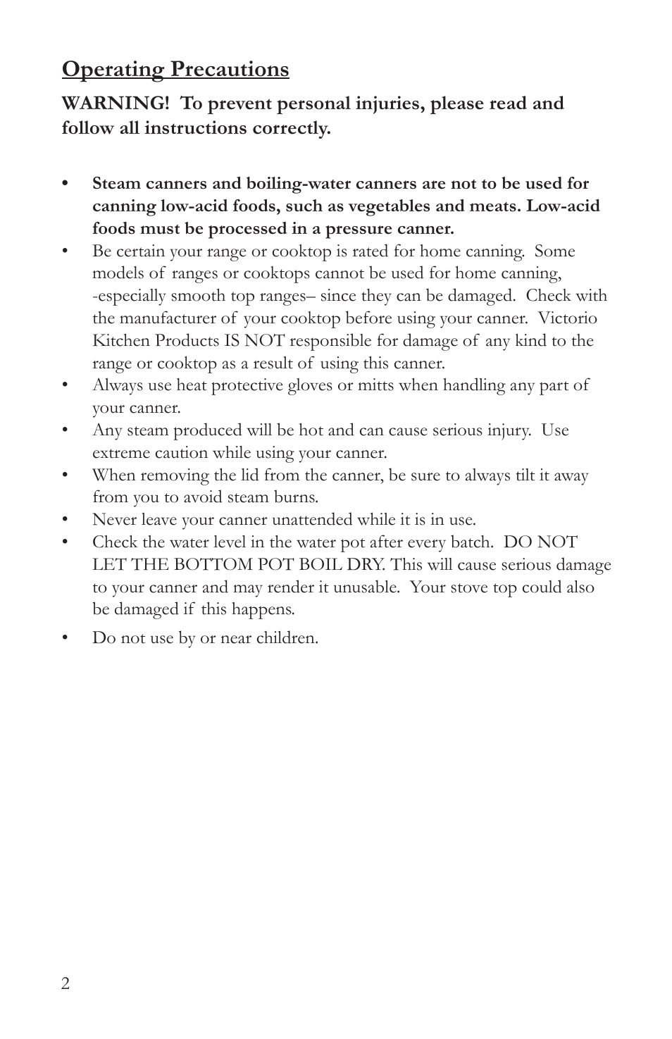 Operating precautions | Victorio VKP1054 Steam Canner User Manual | Page 4 / 16