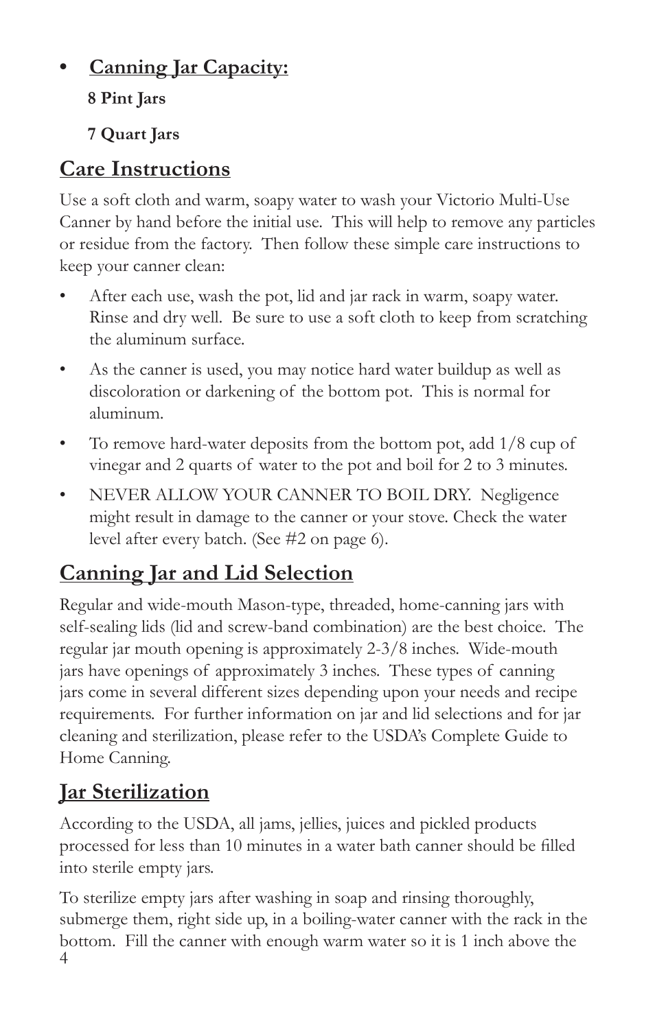 Care instructions, Canning jar and lid selection, Jar sterilization | Canning jar capacity | Victorio VKP1054 Steam Canner User Manual | Page 6 / 16