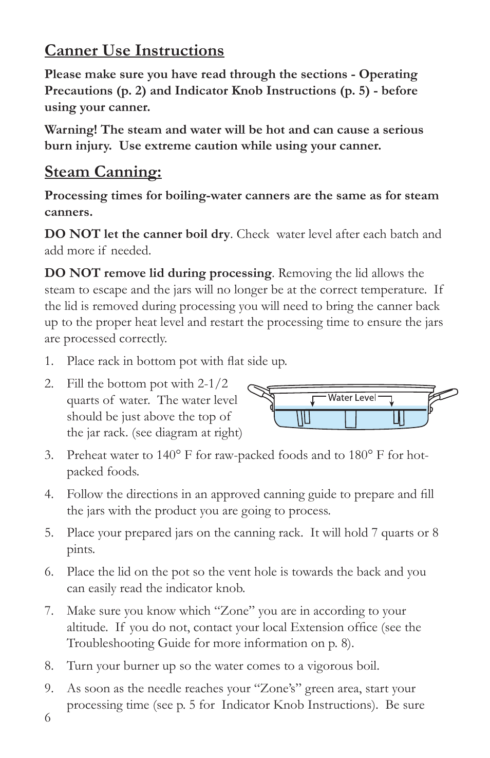 Canner use instructions, Steam canning | Victorio VKP1054 Steam Canner User Manual | Page 8 / 16