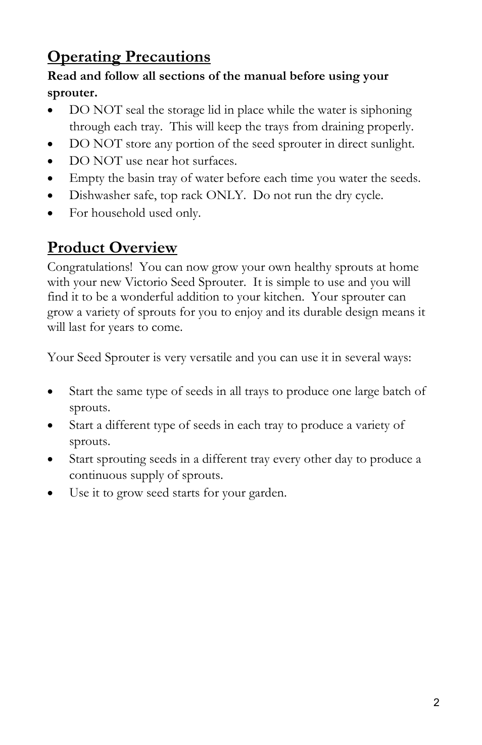 Operating precautions, Product overview | Victorio VKP1014 4-Tray Sproute User Manual | Page 3 / 8