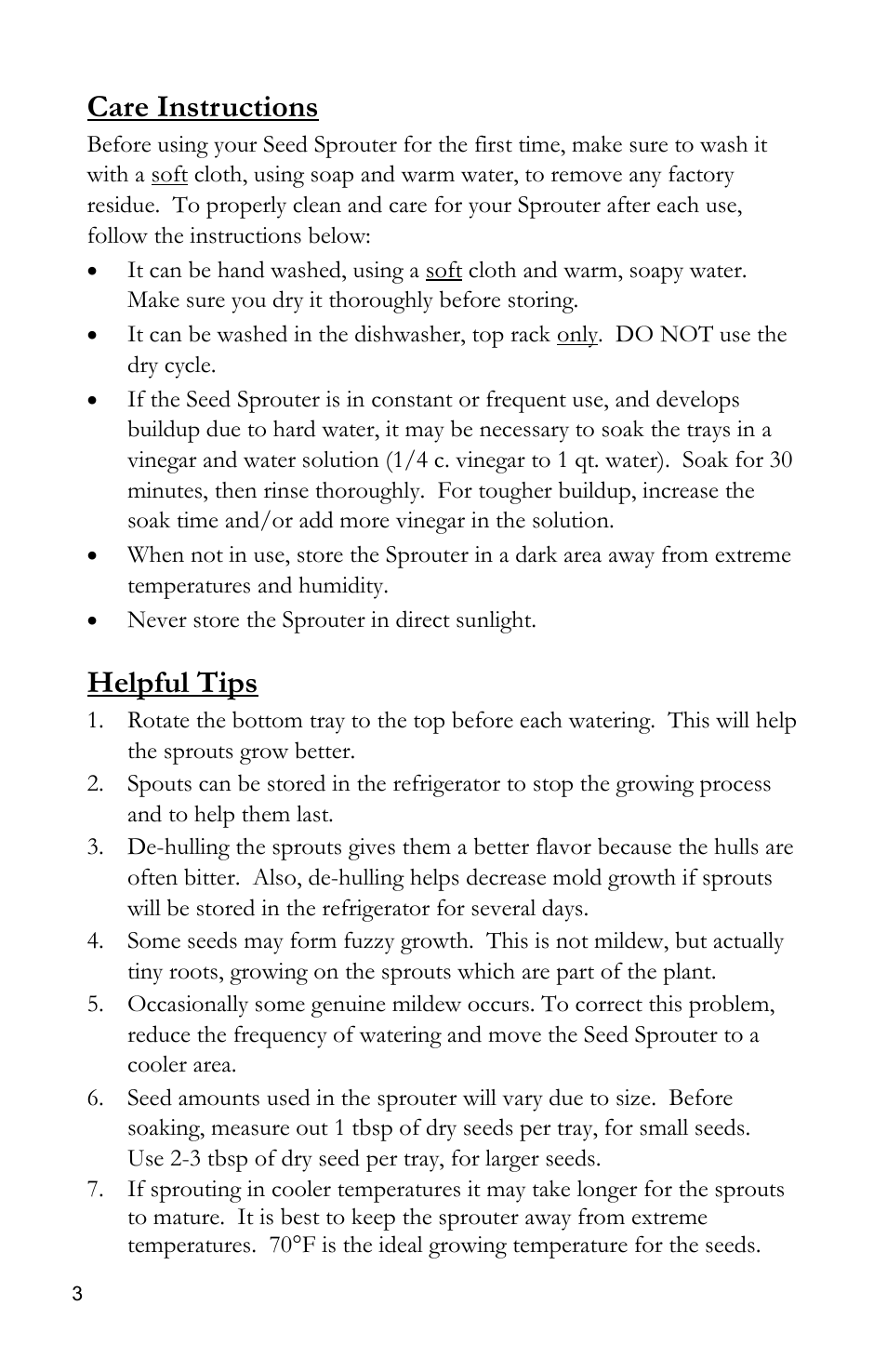 Care instructions, Helpful tips | Victorio VKP1014 4-Tray Sproute User Manual | Page 4 / 8