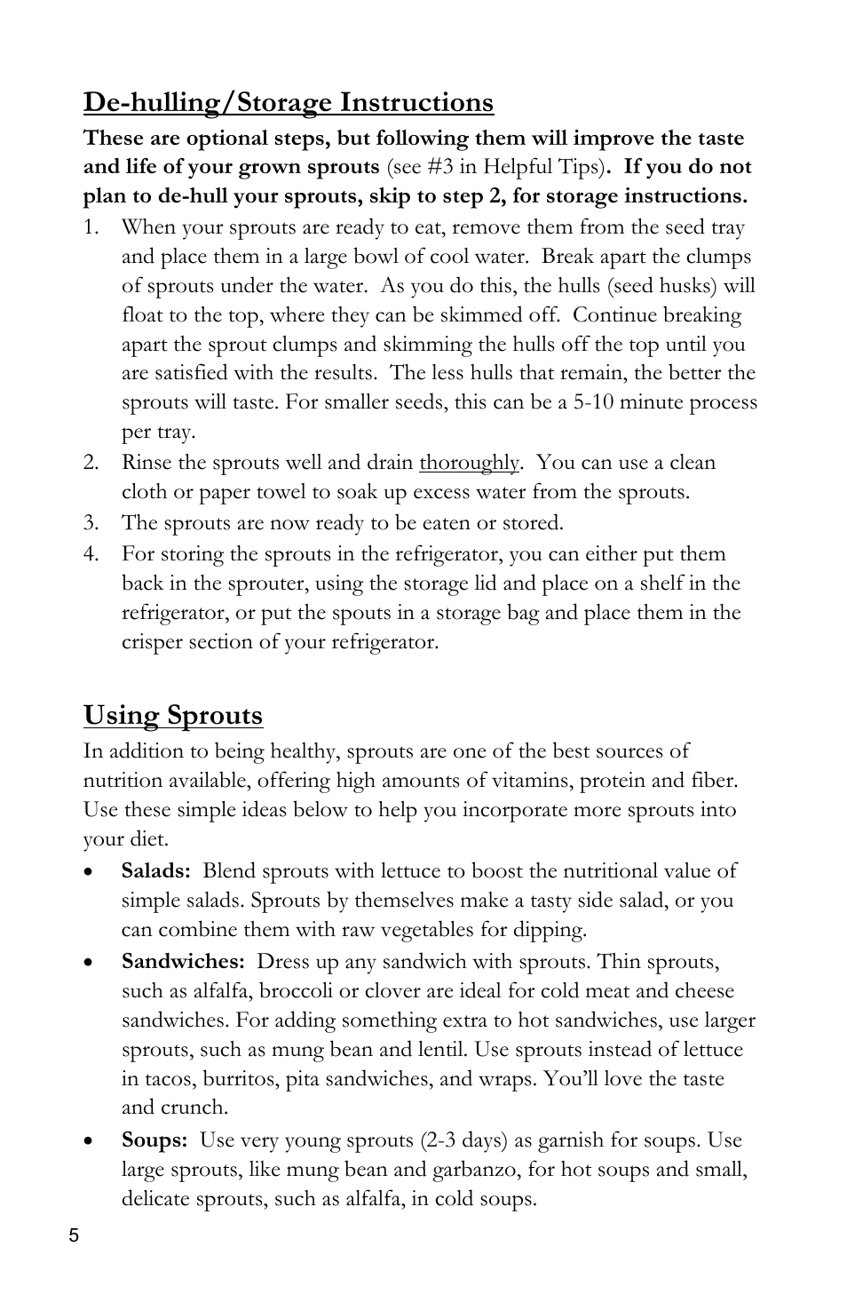 De-hulling/storage instructions, Using sprouts | Victorio VKP1014 4-Tray Sproute User Manual | Page 6 / 8