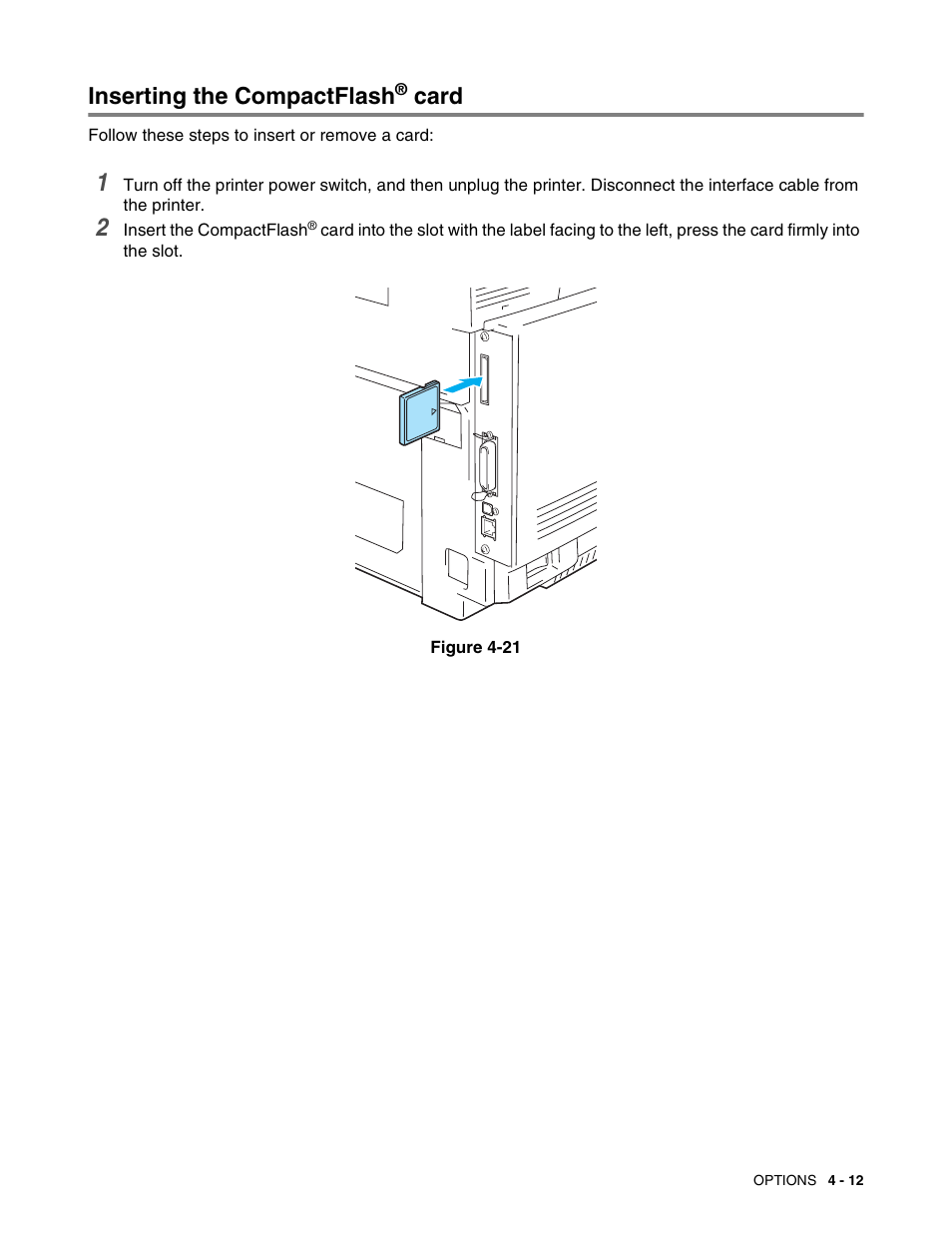 Inserting the compactflash® card, Inserting the compactflash, Card | Brother HL 2700CN User Manual | Page 100 / 162