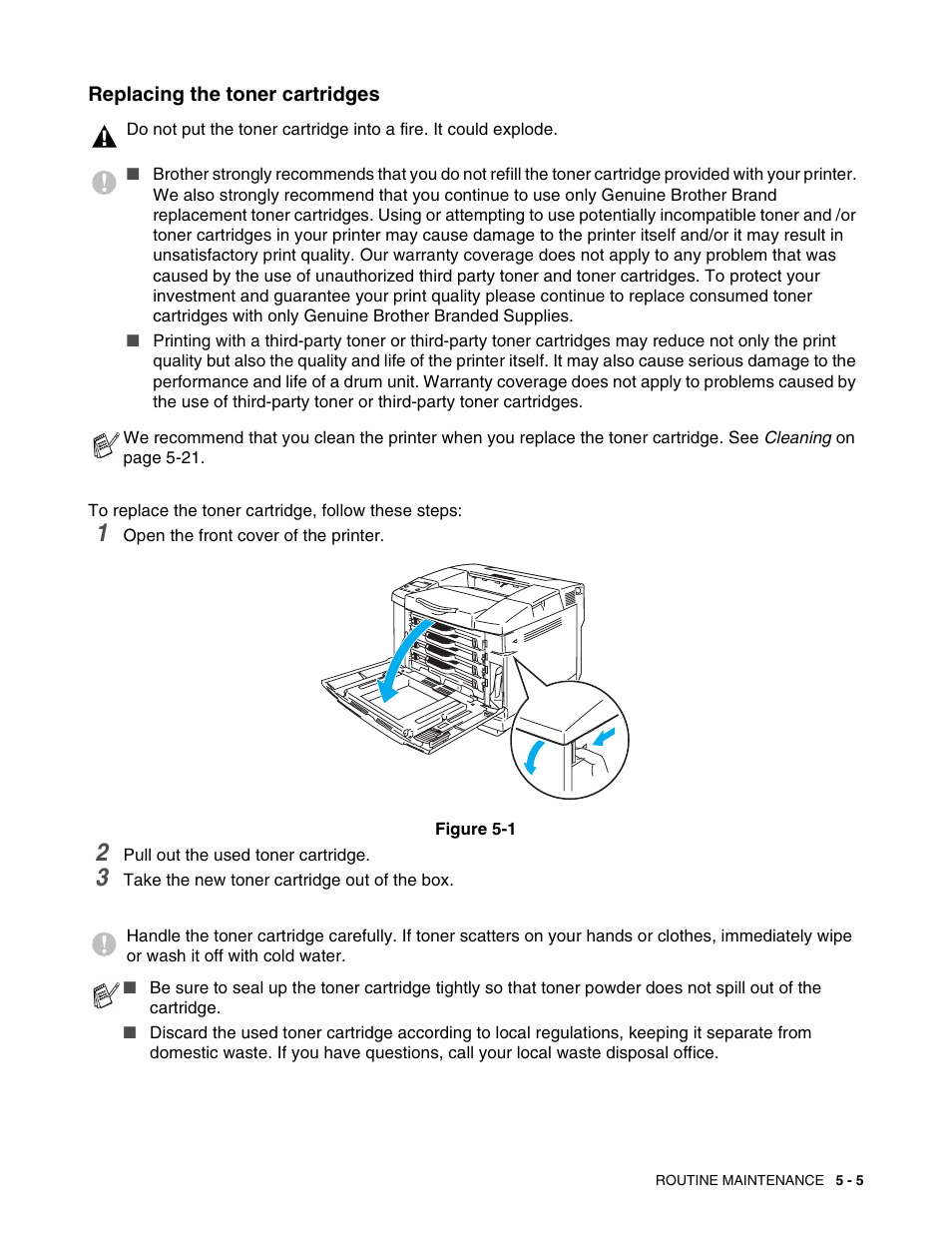 Replacing the toner cartridges, Replacing the toner cartridges -5 | Brother HL 2700CN User Manual | Page 110 / 162