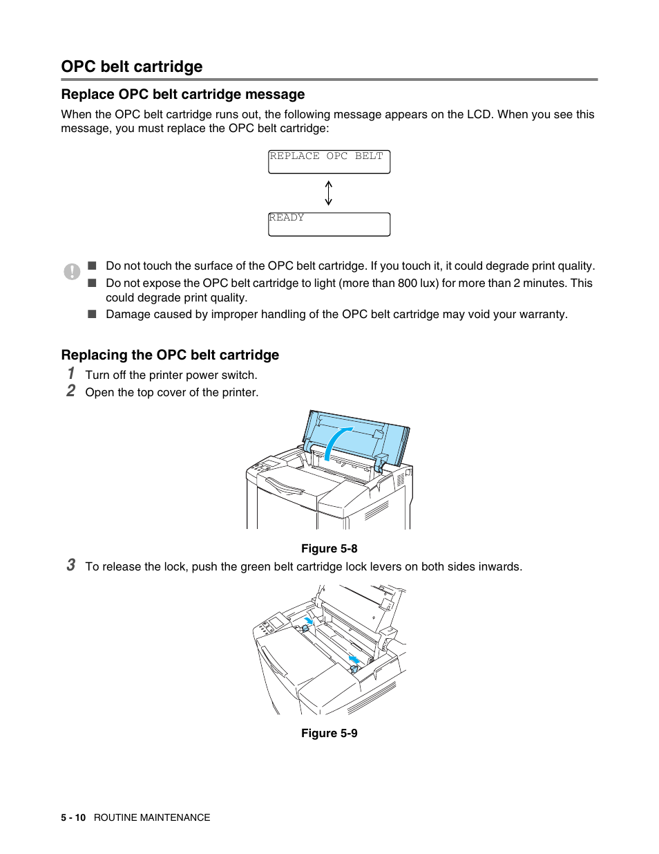 Opc belt cartridge, Replace opc belt cartridge message, Replacing the opc belt cartridge | Opc belt cartridge -10, See 5-10 | Brother HL 2700CN User Manual | Page 115 / 162