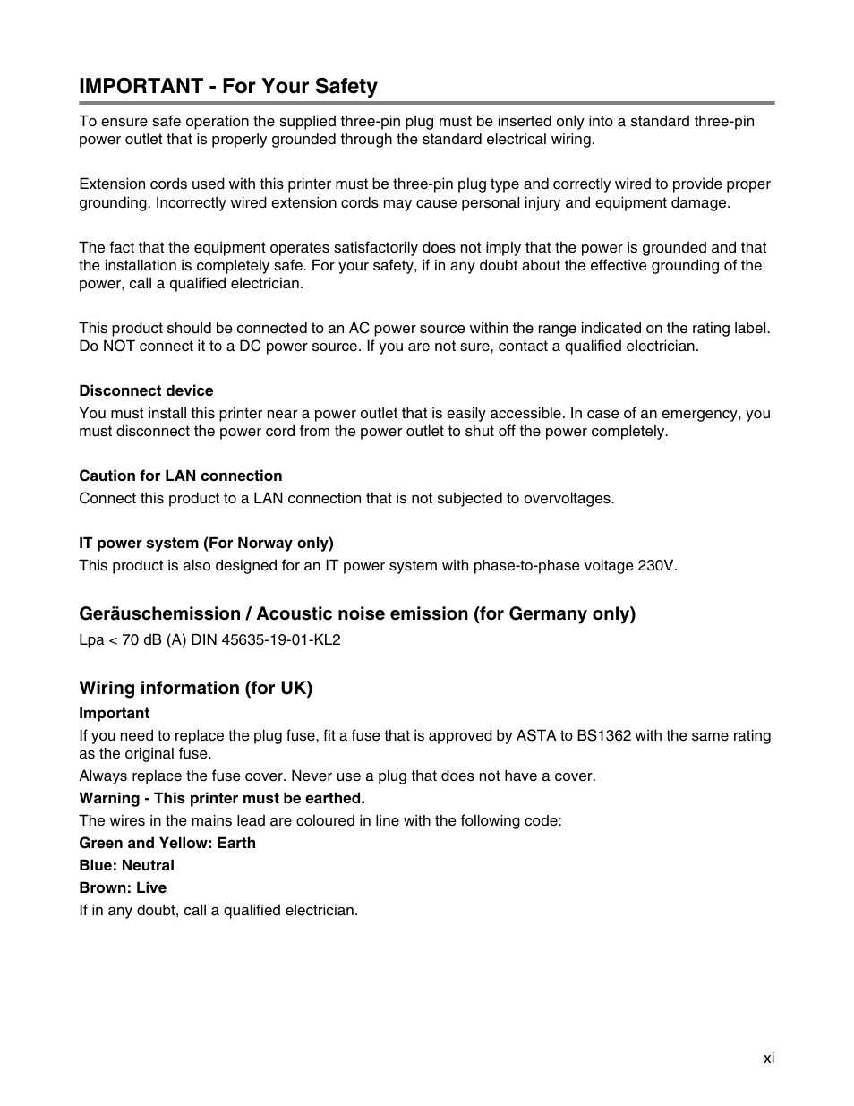 Important - for your safety, Wiring information (for uk) | Brother HL 2700CN User Manual | Page 12 / 162