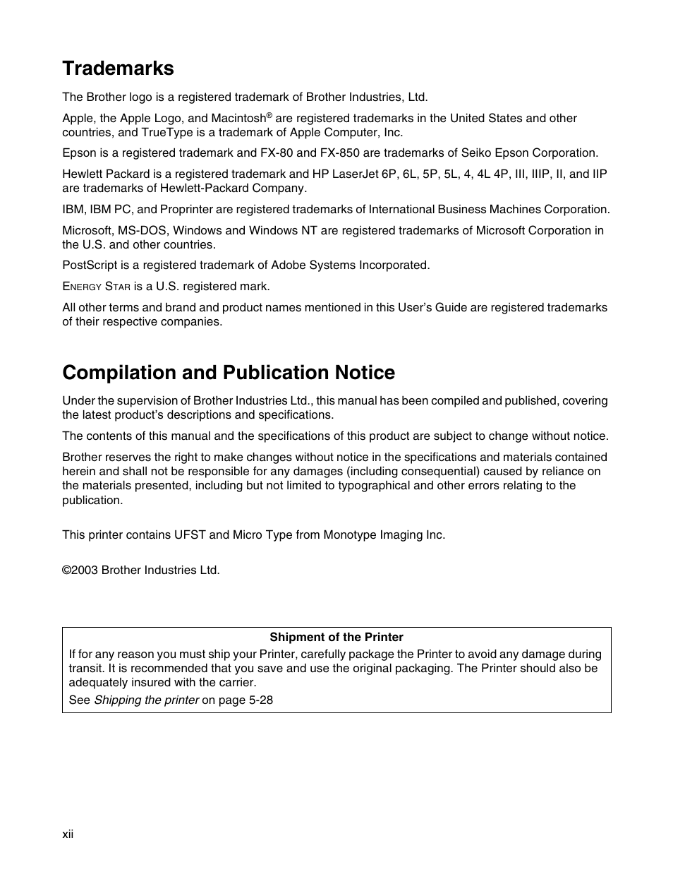 Trademarks, Compilation and publication notice, Shipment of the printer | Brother HL 2700CN User Manual | Page 13 / 162