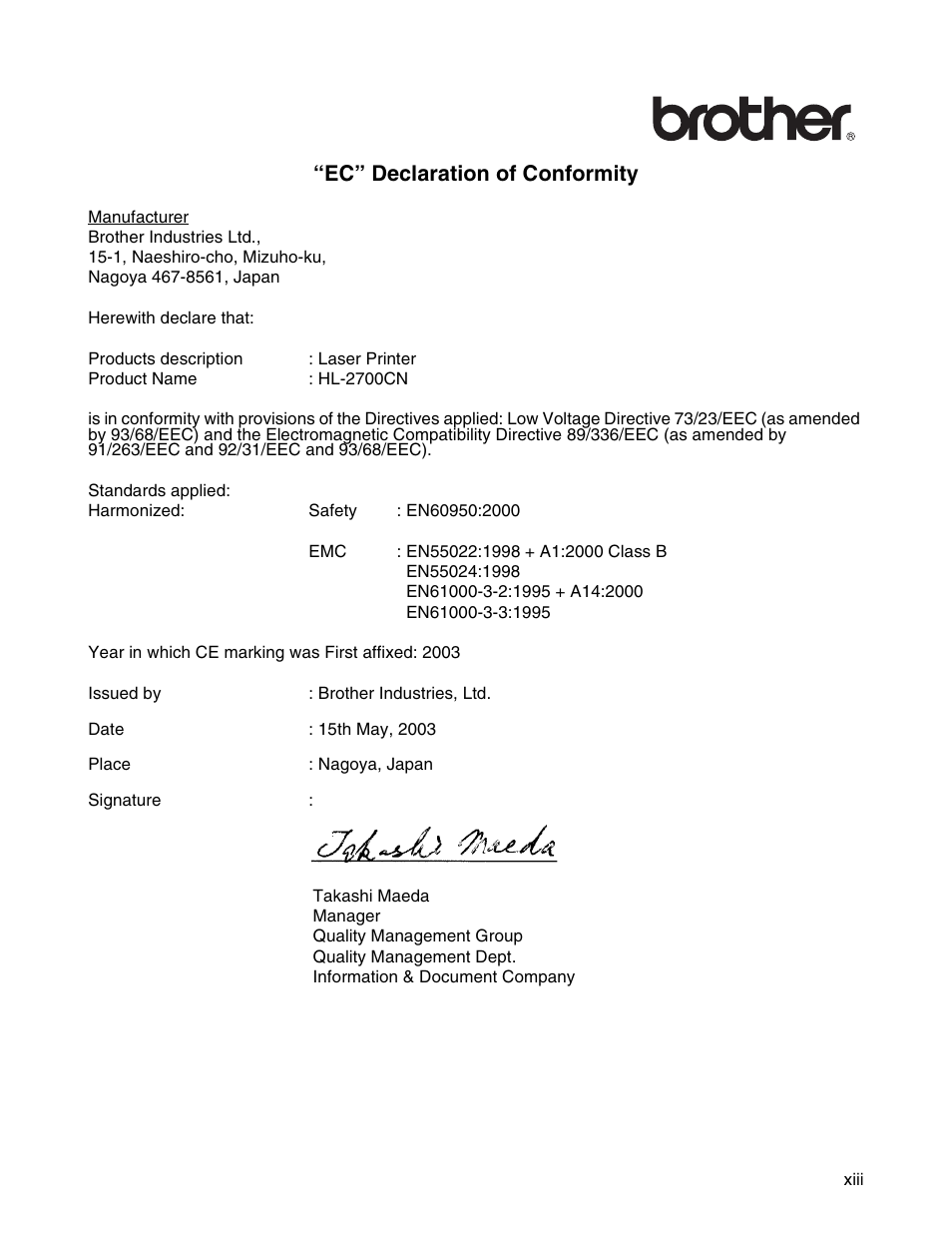 Ec” declaration of conformity | Brother HL 2700CN User Manual | Page 14 / 162