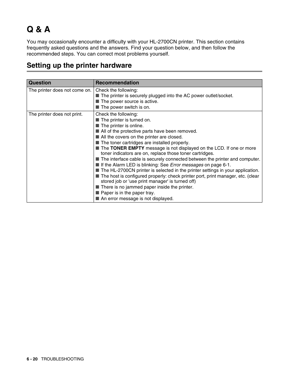 Q & a, Setting up the printer hardware, Q & a -20 | Setting up the printer hardware -20 | Brother HL 2700CN User Manual | Page 153 / 162