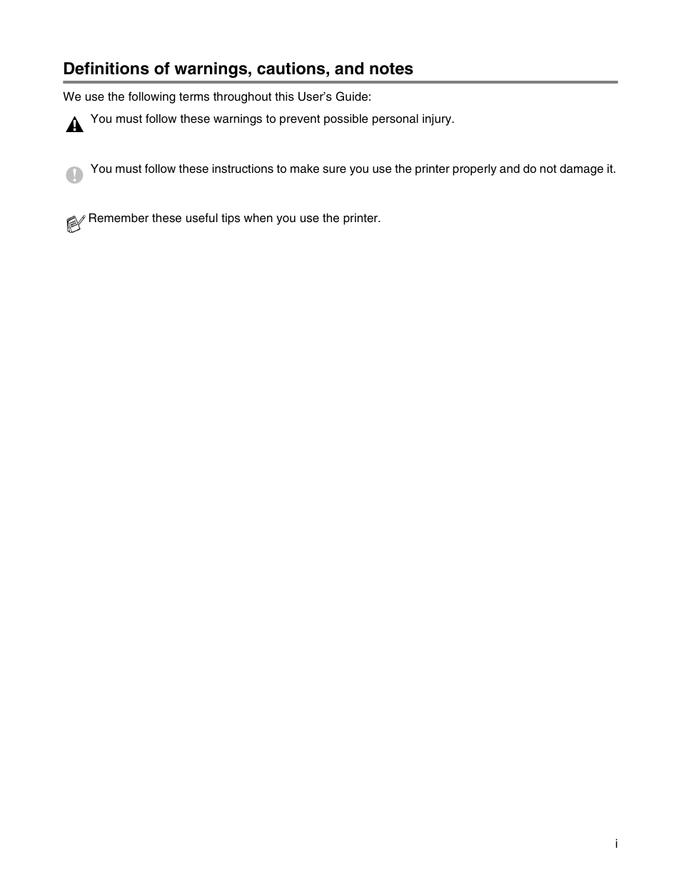 Definitions of warnings, cautions, and notes | Brother HL 2700CN User Manual | Page 2 / 162