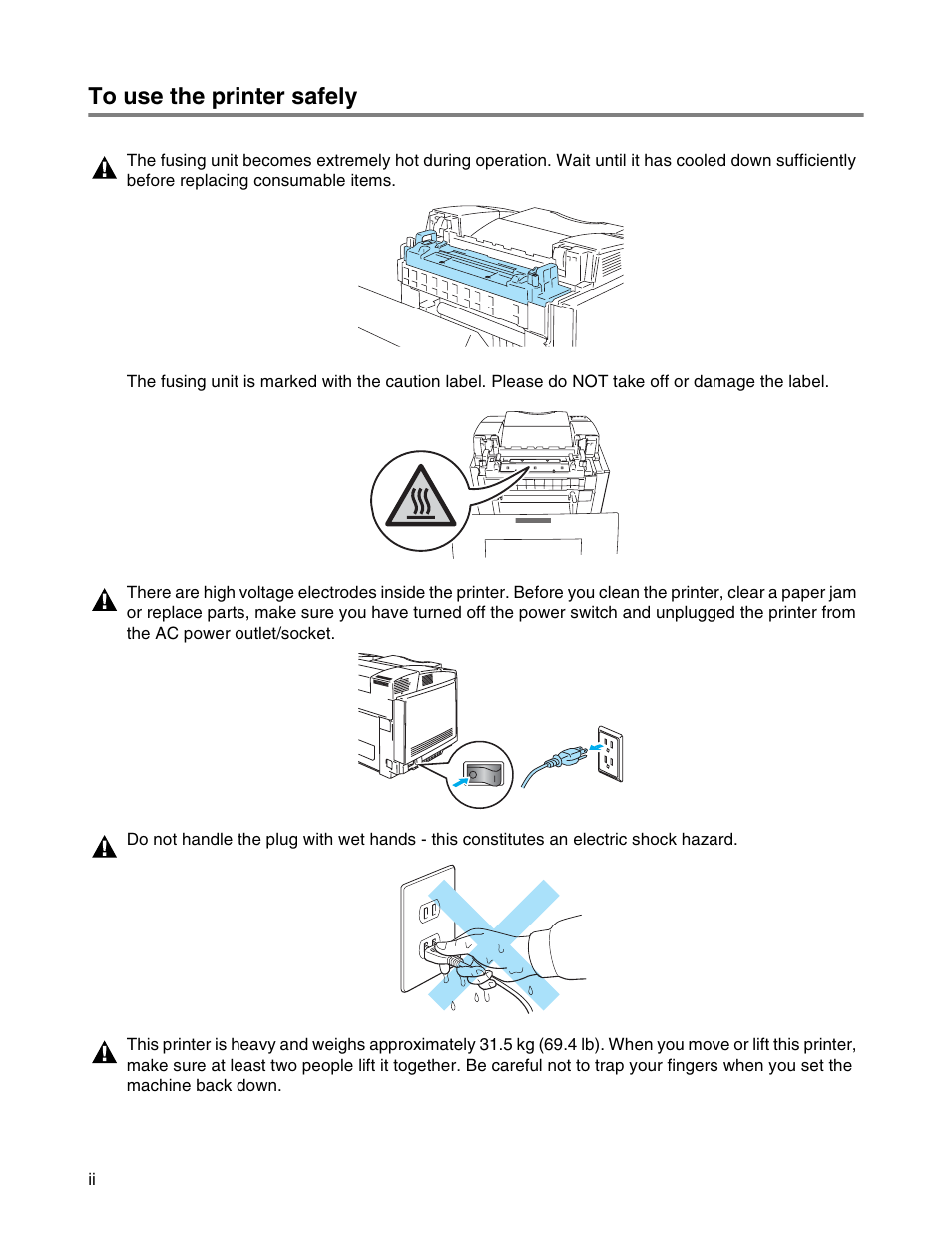 To use the printer safely | Brother HL 2700CN User Manual | Page 3 / 162