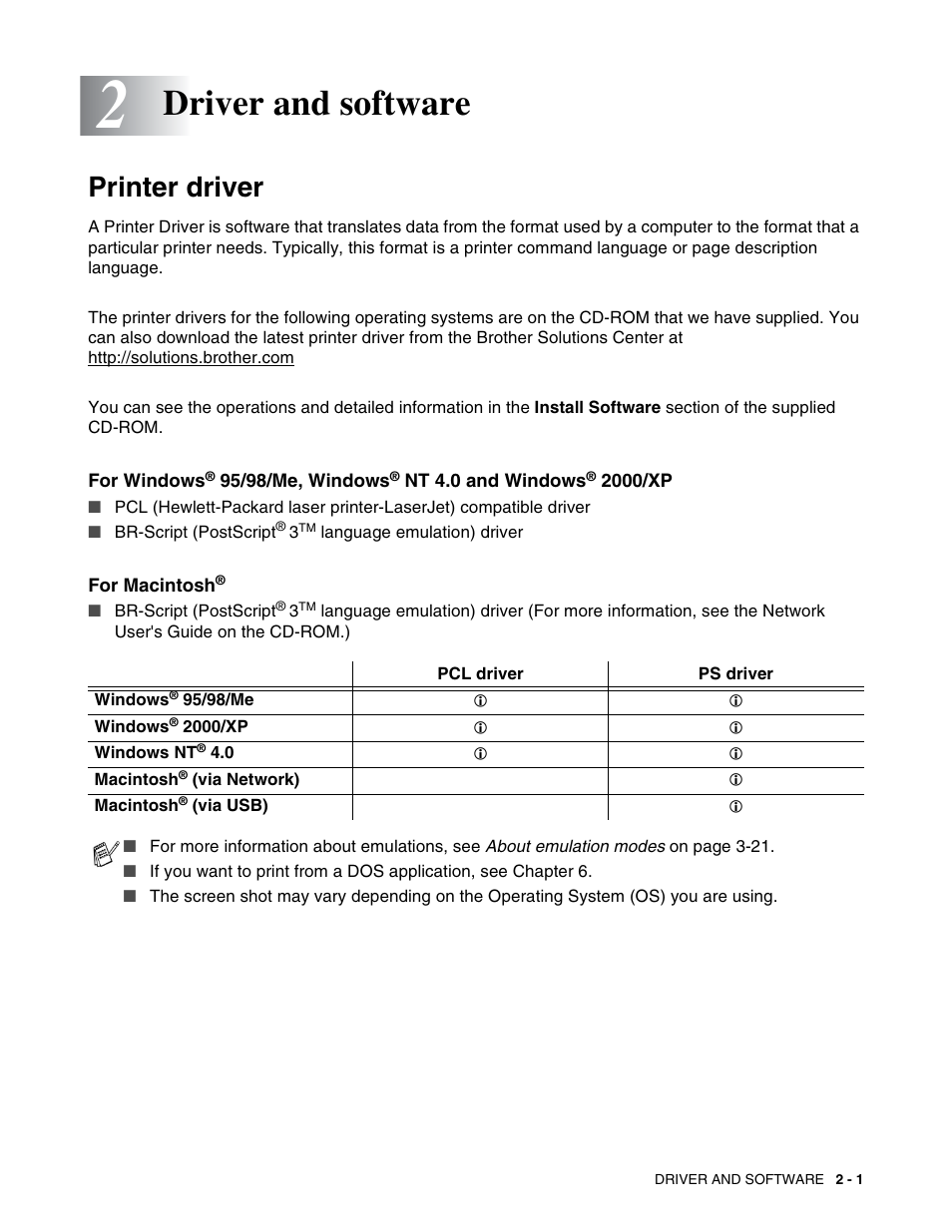 Driver and software, Printer driver, Driver and software -1 | Printer driver -1 | Brother HL 2700CN User Manual | Page 38 / 162