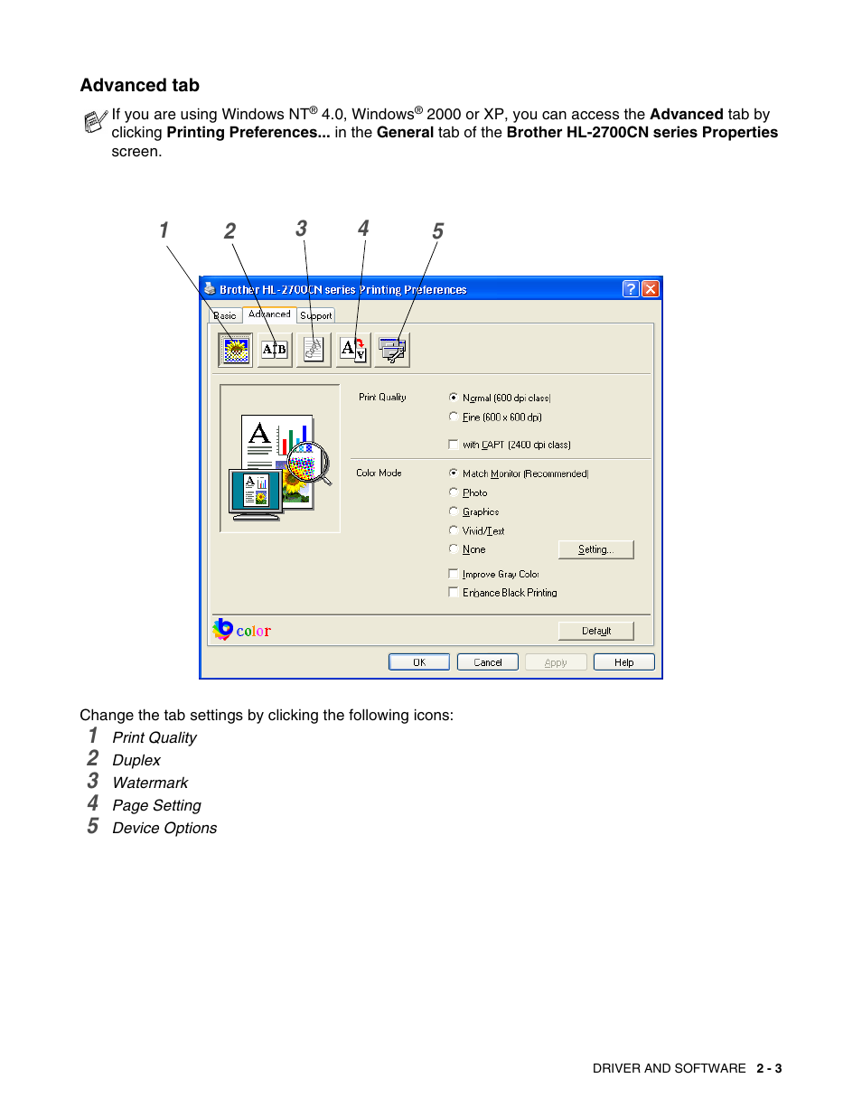 Advanced tab, Advanced tab -3 | Brother HL 2700CN User Manual | Page 40 / 162