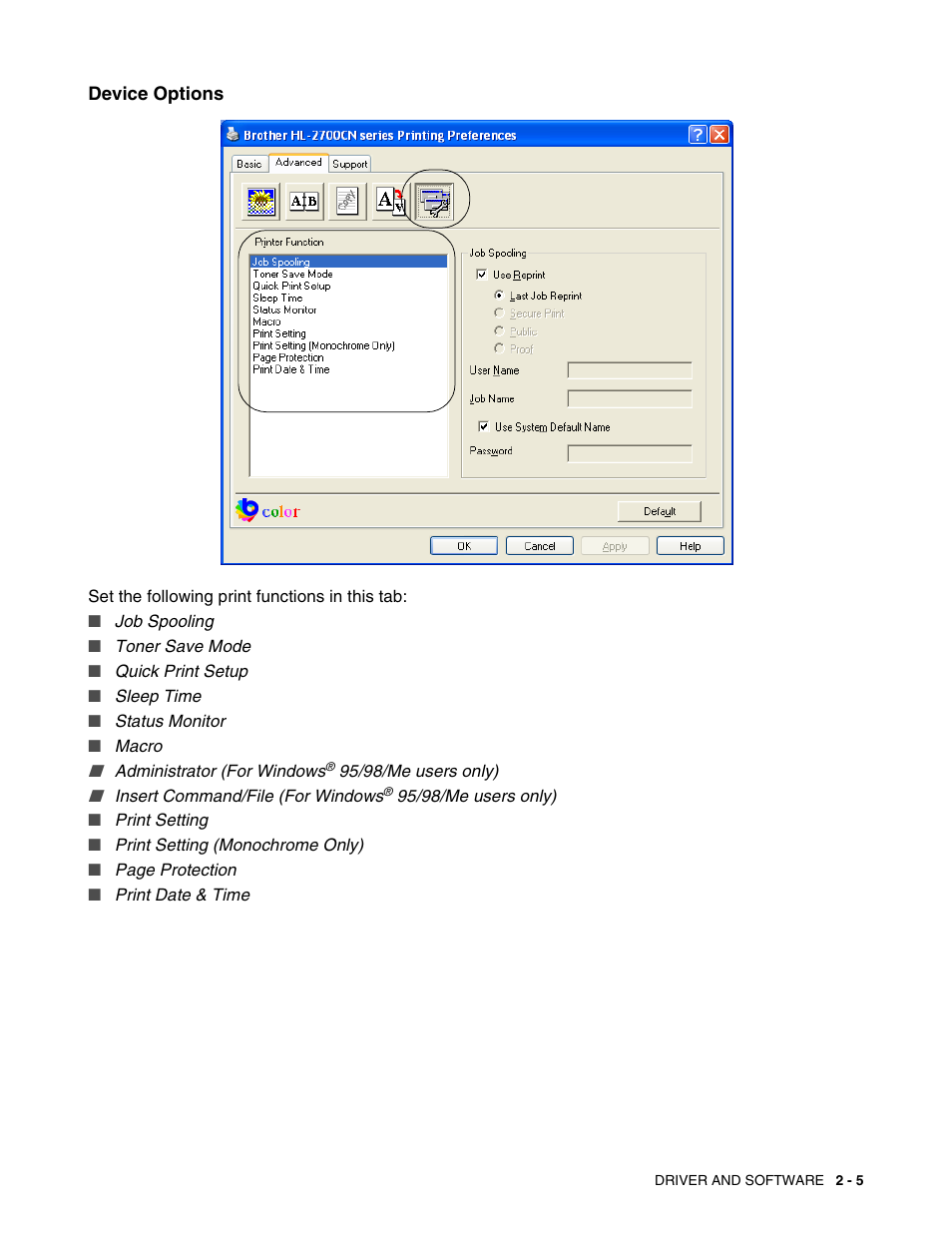 Device options | Brother HL 2700CN User Manual | Page 42 / 162