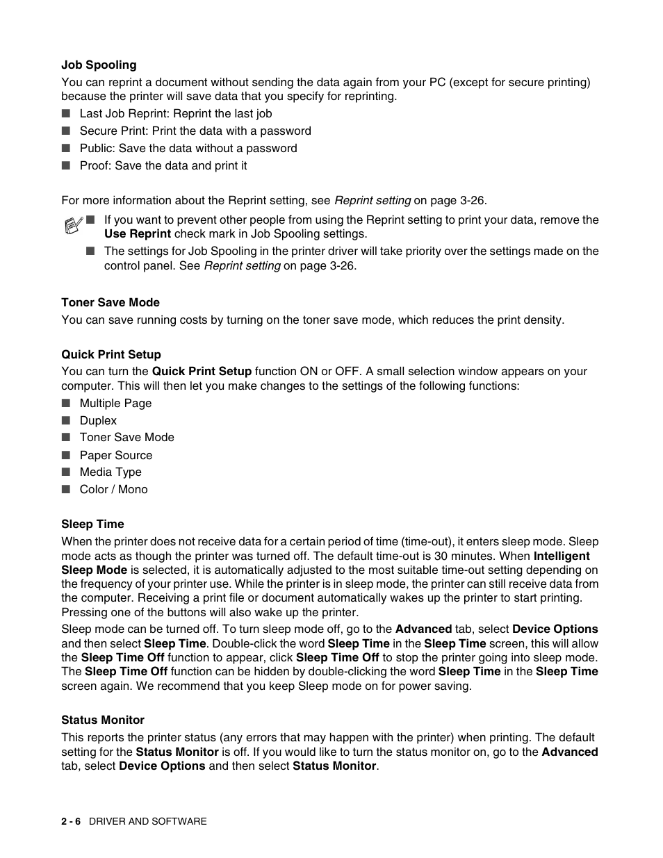 Job spooling, Toner save mode, Quick print setup | Sleep time, Status monitor | Brother HL 2700CN User Manual | Page 43 / 162