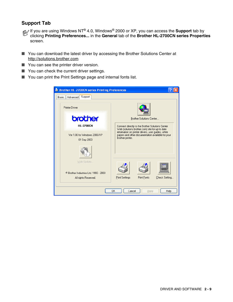 Support tab, Support tab -9 | Brother HL 2700CN User Manual | Page 46 / 162