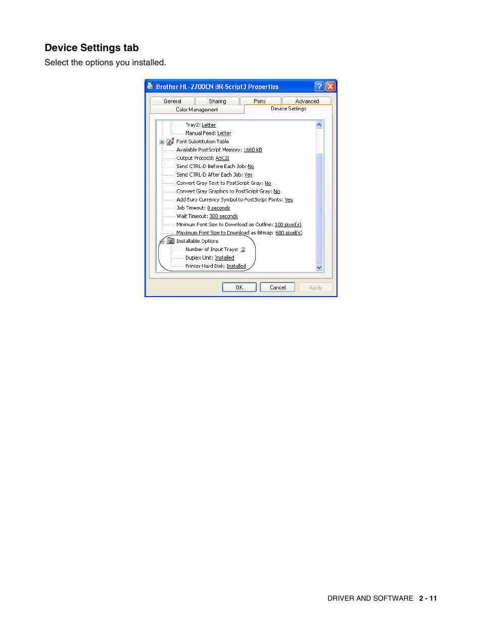 Device settings tab, Device settings tab -11 | Brother HL 2700CN User Manual | Page 48 / 162