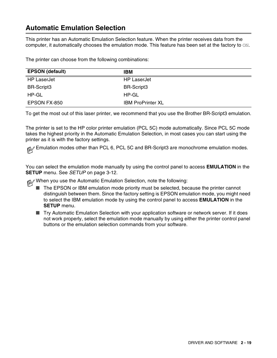 Automatic emulation selection, Automatic emulation selection -19 | Brother HL 2700CN User Manual | Page 56 / 162