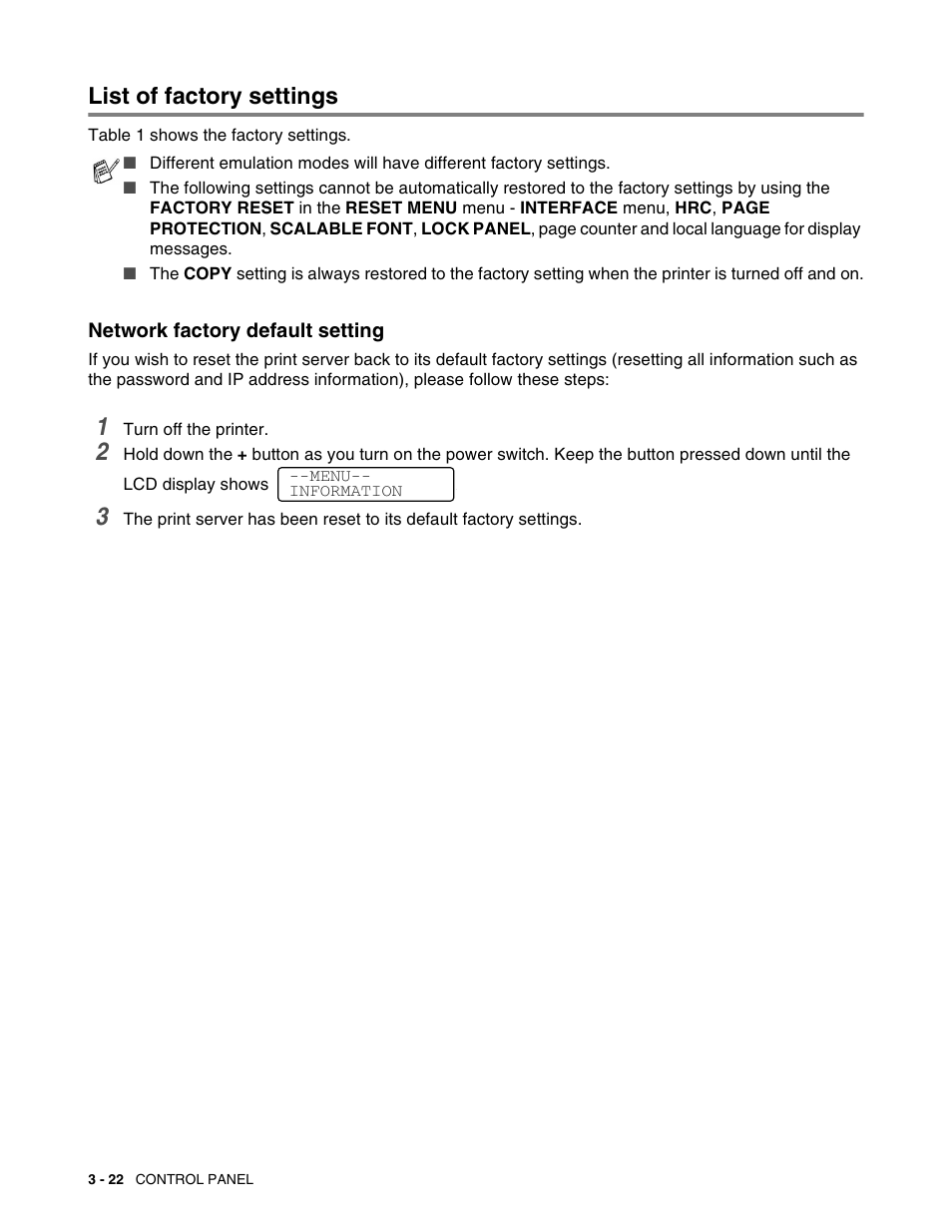 List of factory settings, Network factory default setting, List of factory settings -22 | Network factory default setting -22 | Brother HL 2700CN User Manual | Page 79 / 162