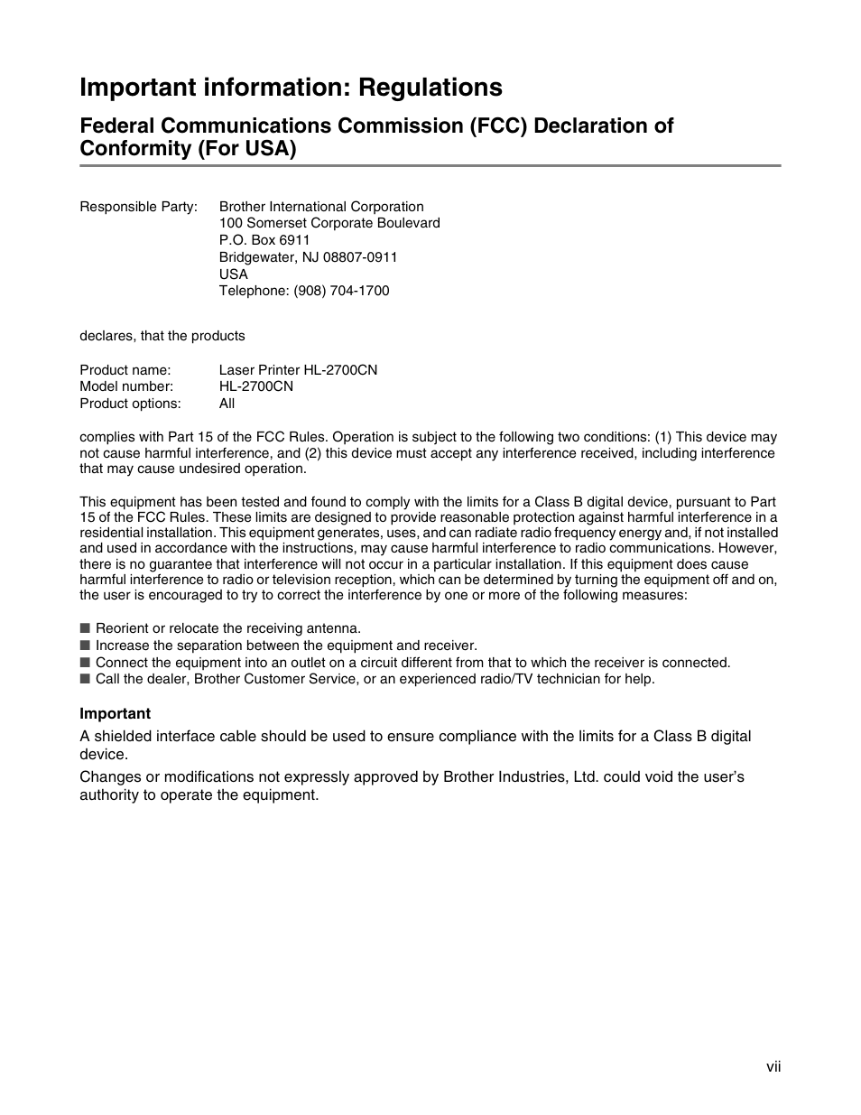 Important information: regulations | Brother HL 2700CN User Manual | Page 8 / 162