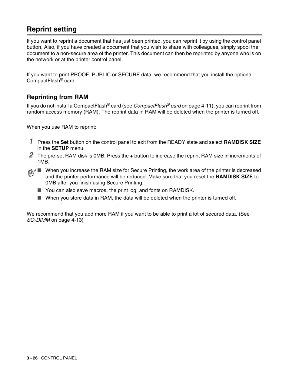 Reprint setting, Reprinting from ram, Reprint setting -26 | Reprinting from ram -26, See reprint | Brother HL 2700CN User Manual | Page 83 / 162