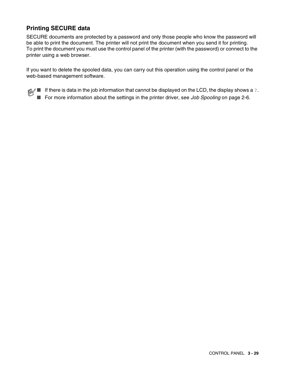 Printing secure data, Printing secure data -29 | Brother HL 2700CN User Manual | Page 86 / 162