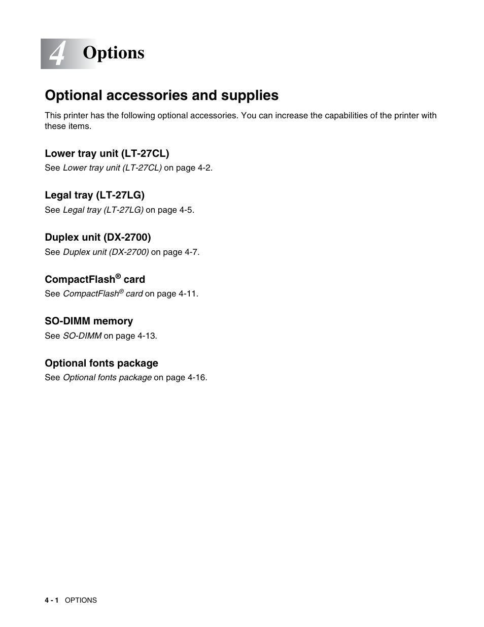 Options, Optional accessories and supplies, Lower tray unit (lt-27cl) | Legal tray (lt-27lg), Duplex unit (dx-2700), Compactflash® card, So-dimm memory, Optional fonts package, Options -1, Optional accessories and supplies -1 | Brother HL 2700CN User Manual | Page 89 / 162