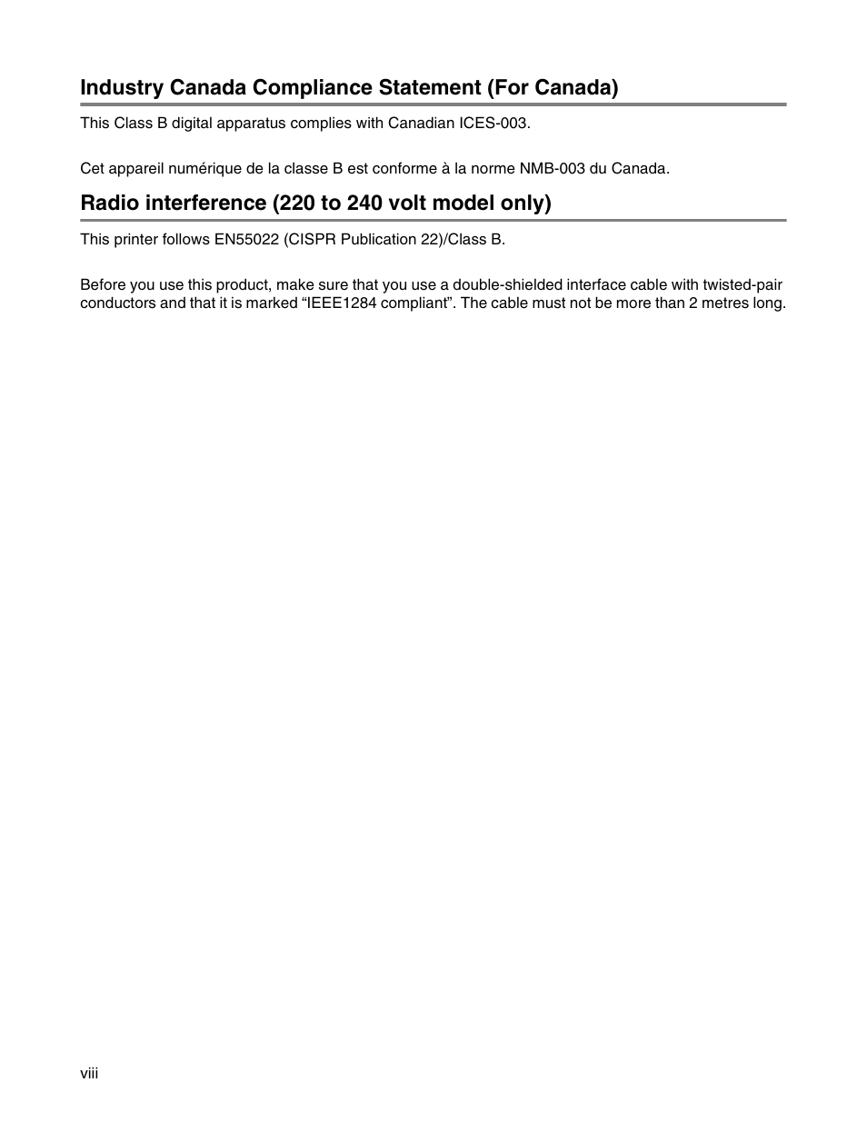 Industry canada compliance statement (for canada), Radio interference (220 to 240 volt model only) | Brother HL 2700CN User Manual | Page 9 / 162