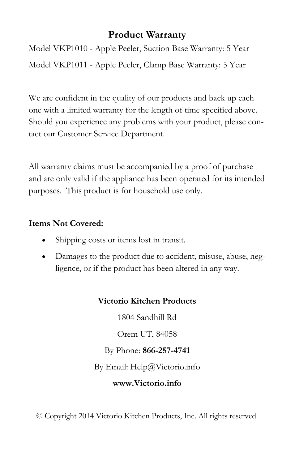 Product warranty | Victorio VKP1011 Apple Peeler User Manual | Page 12 / 12