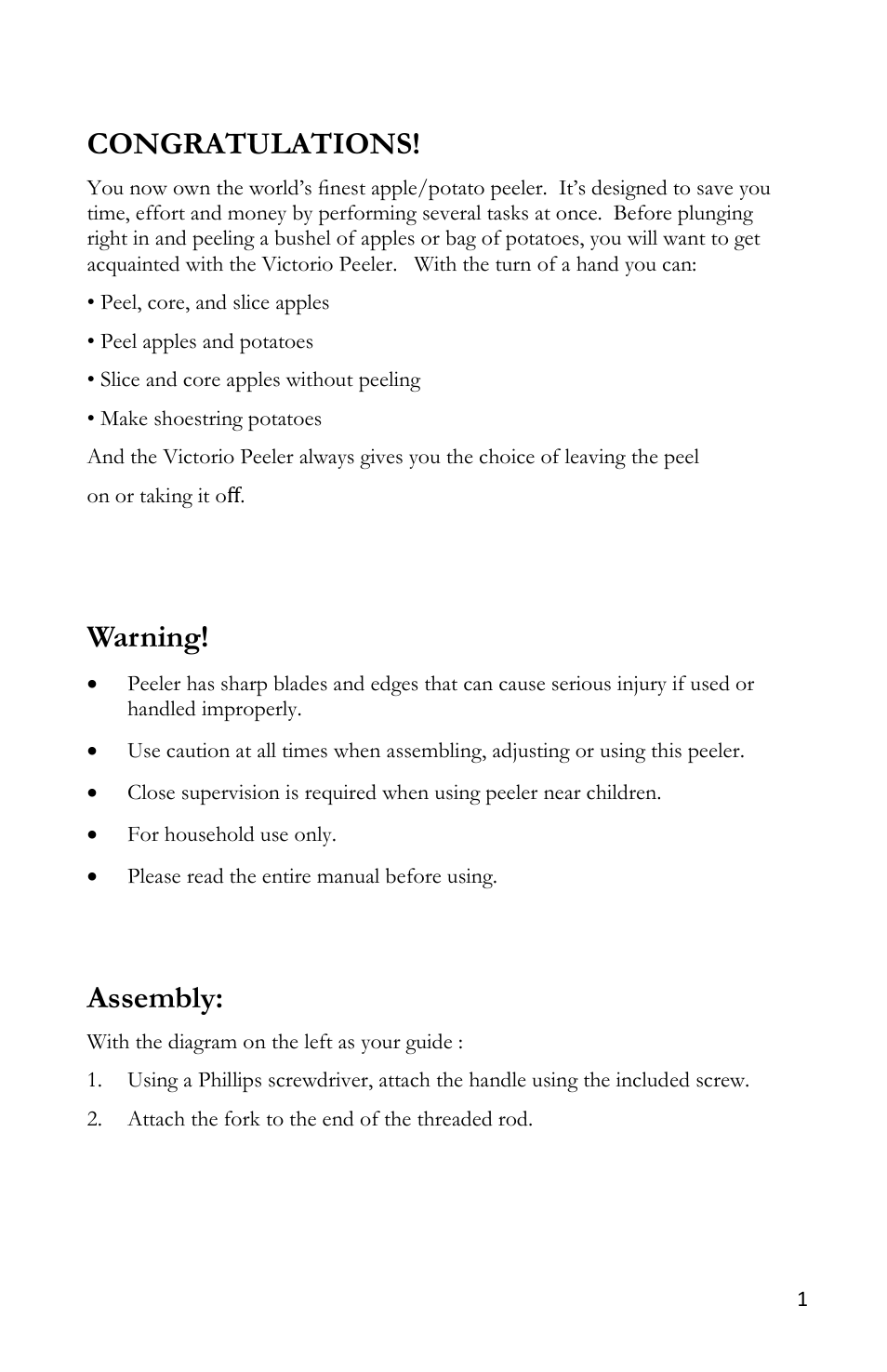 Warning, Assembly | Victorio VKP1011 Apple Peeler User Manual | Page 3 / 12