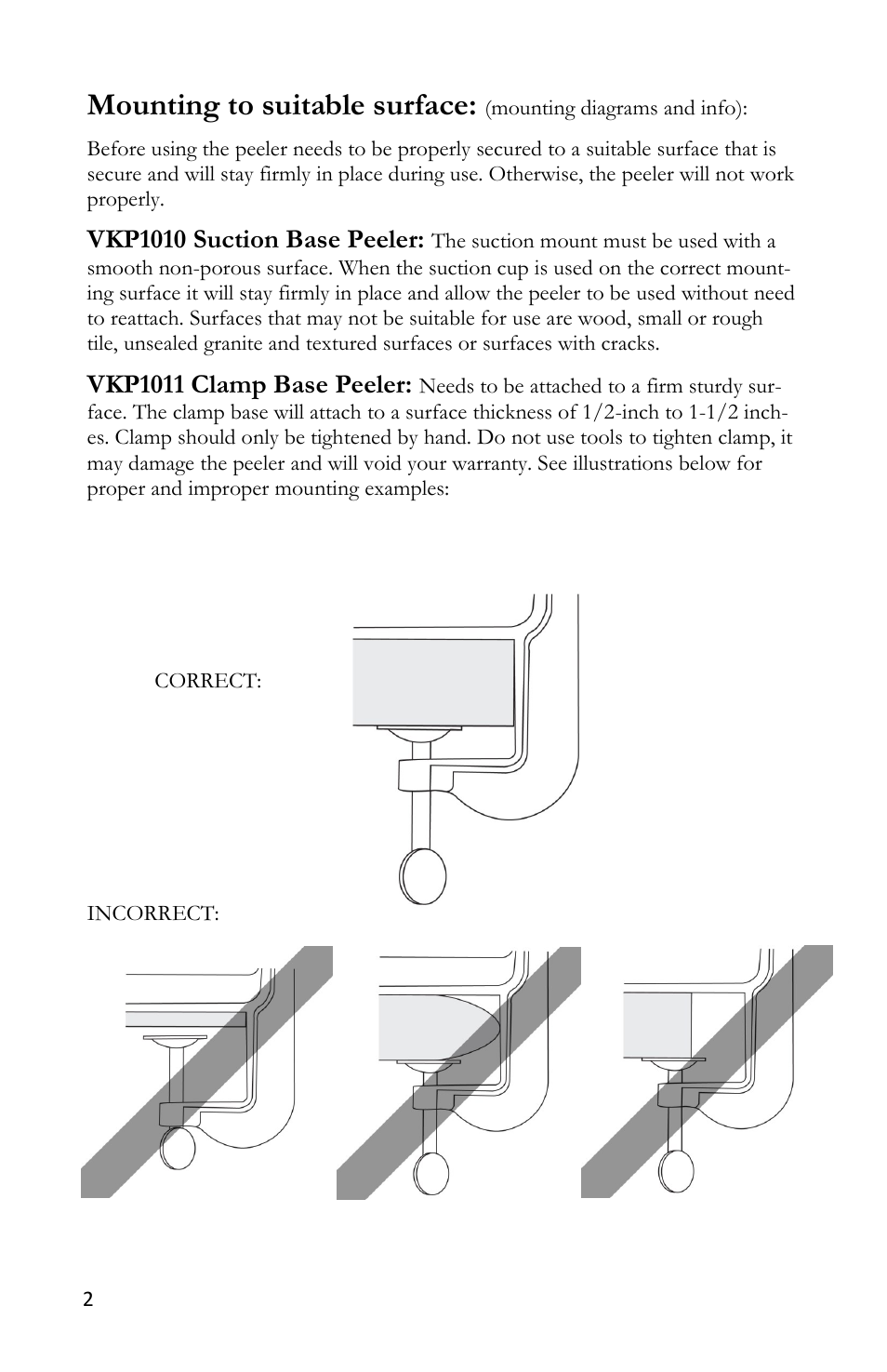 Mounting to suitable surface, Vkp1010 suction base peeler, Vkp1011 clamp base peeler | Victorio VKP1011 Apple Peeler User Manual | Page 4 / 12