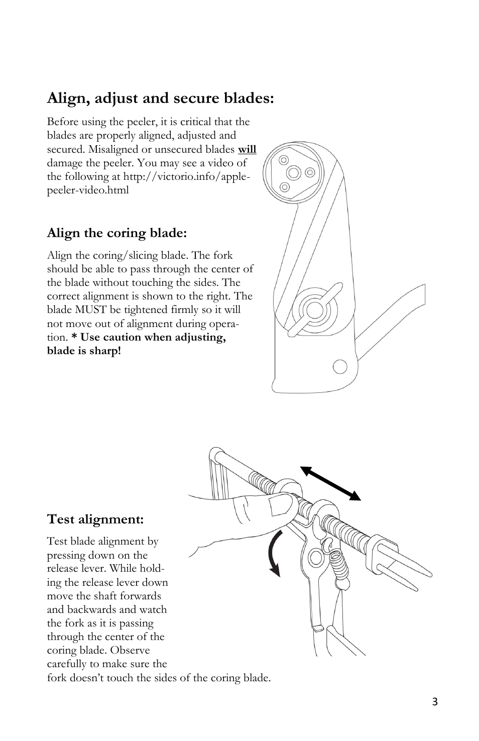 Align, adjust and secure blades, Align the coring blade, Test alignment | Victorio VKP1011 Apple Peeler User Manual | Page 5 / 12