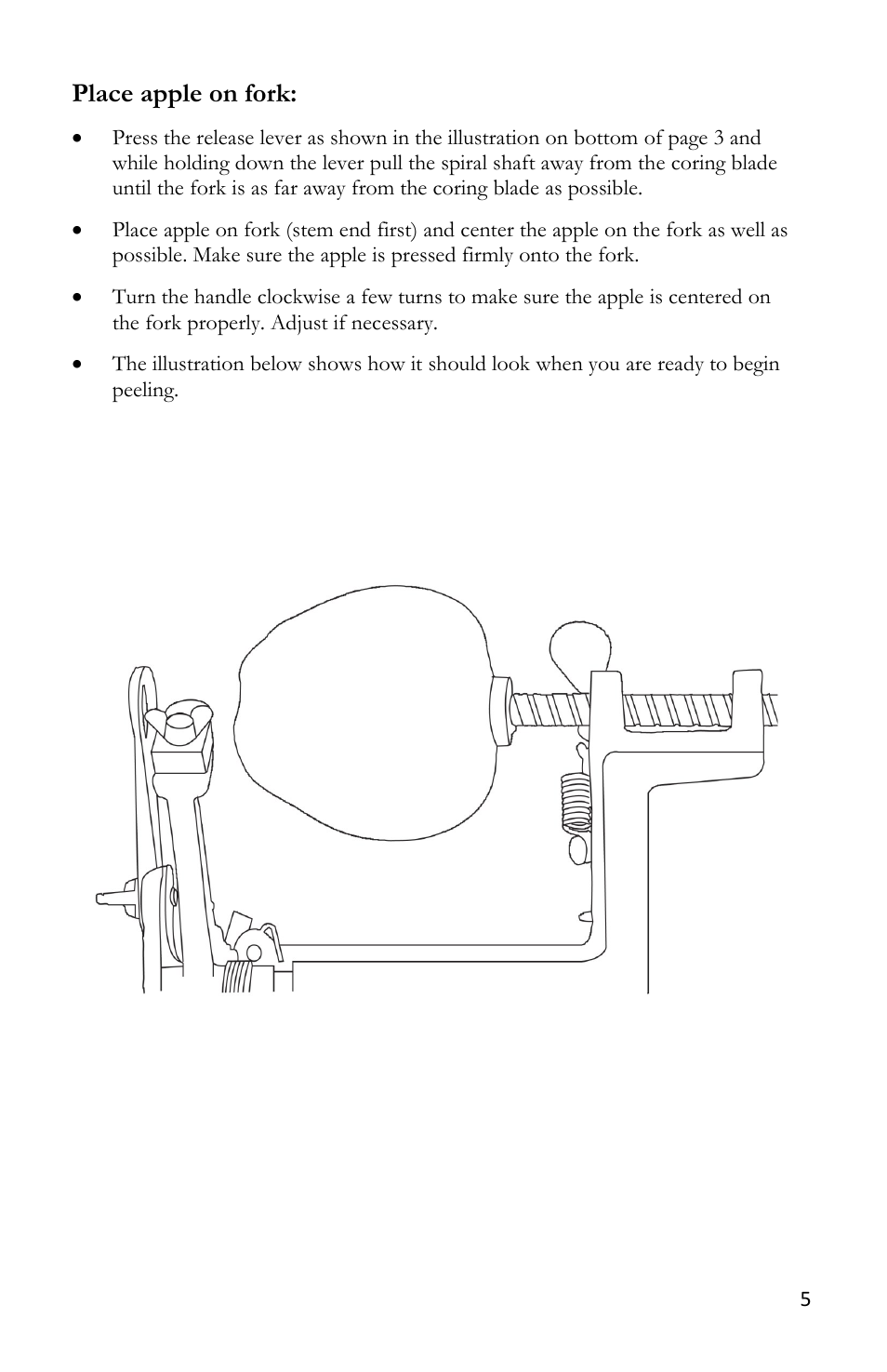 Place apple on fork | Victorio VKP1011 Apple Peeler User Manual | Page 7 / 12