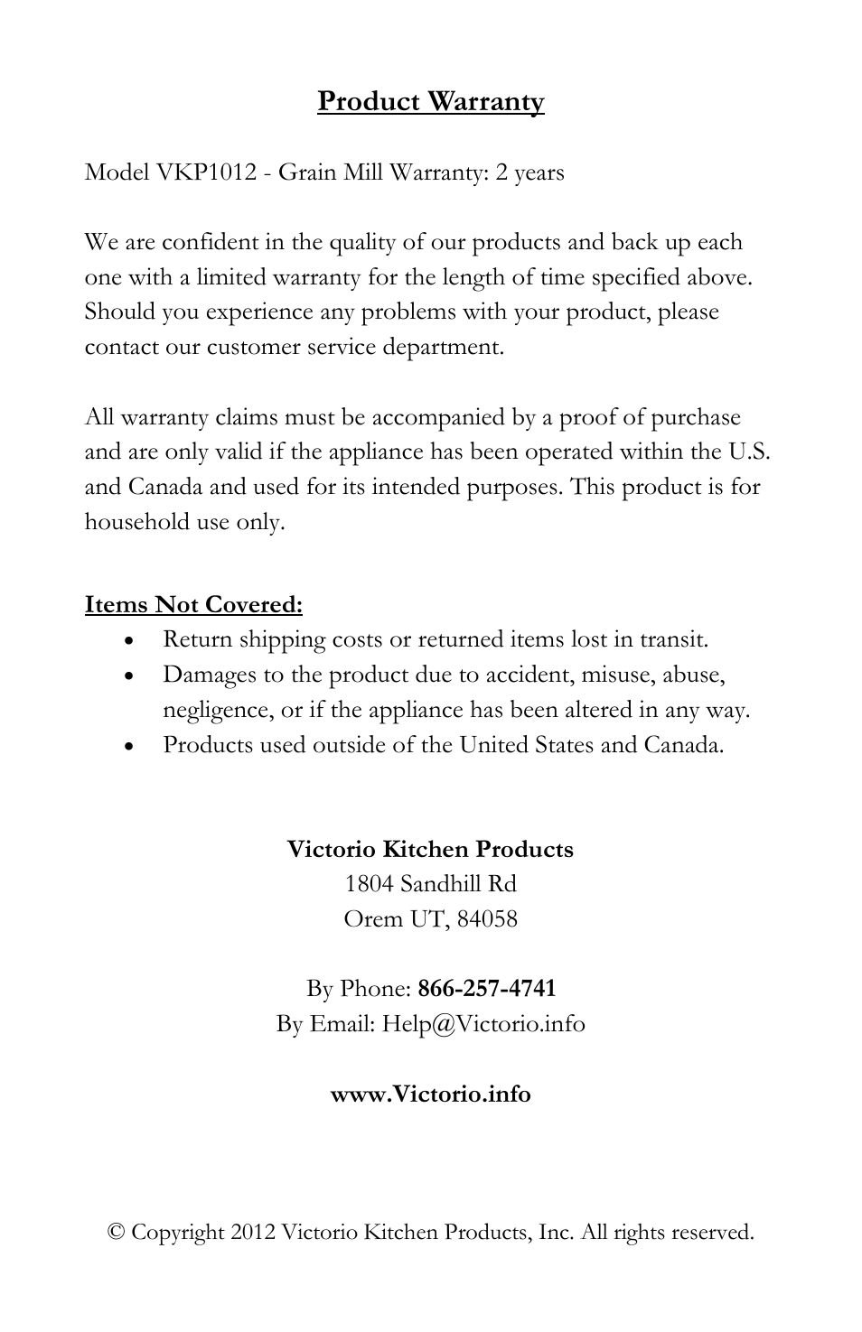 Product warranty | Victorio VKP1012 Grain Mill User Manual | Page 12 / 12