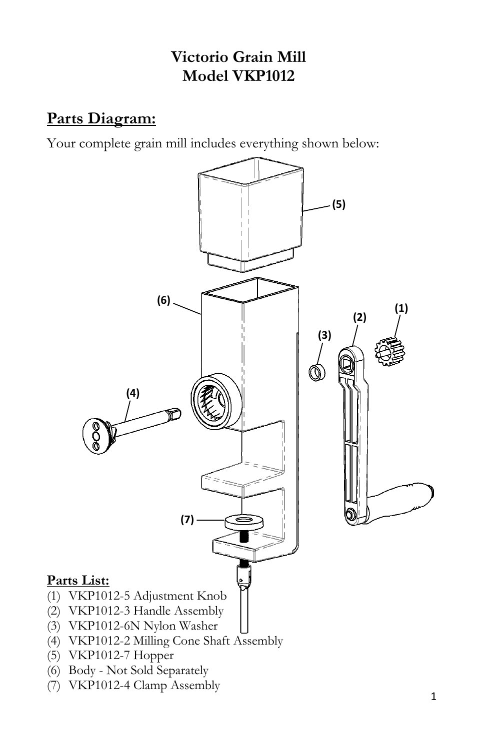 Victorio grain mill model vkp1012, Parts diagram | Victorio VKP1012 Grain Mill User Manual | Page 3 / 12